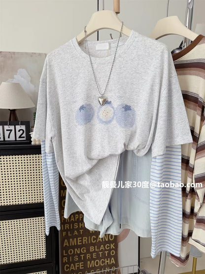 Simple, stylish, and opaque~ Summer striped patchwork sleeve faux two-piece top, blueberry loose plus size long-sleeved T-shirt, sun protection shirt