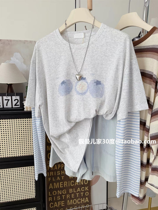 Simple, stylish, and opaque~ Summer striped patchwork sleeve faux two-piece top, blueberry loose plus size long-sleeved T-shirt, sun protection shirt
