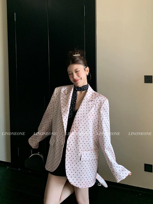 LINONEONE High-end Qianjin early spring pink polka dot suit jacket satin temperament micro-profile loose suit
