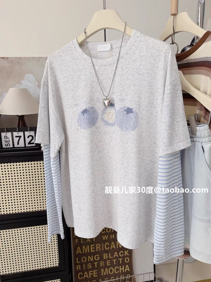 Simple, stylish, and opaque~ Summer striped patchwork sleeve faux two-piece top, blueberry loose plus size long-sleeved T-shirt, sun protection shirt