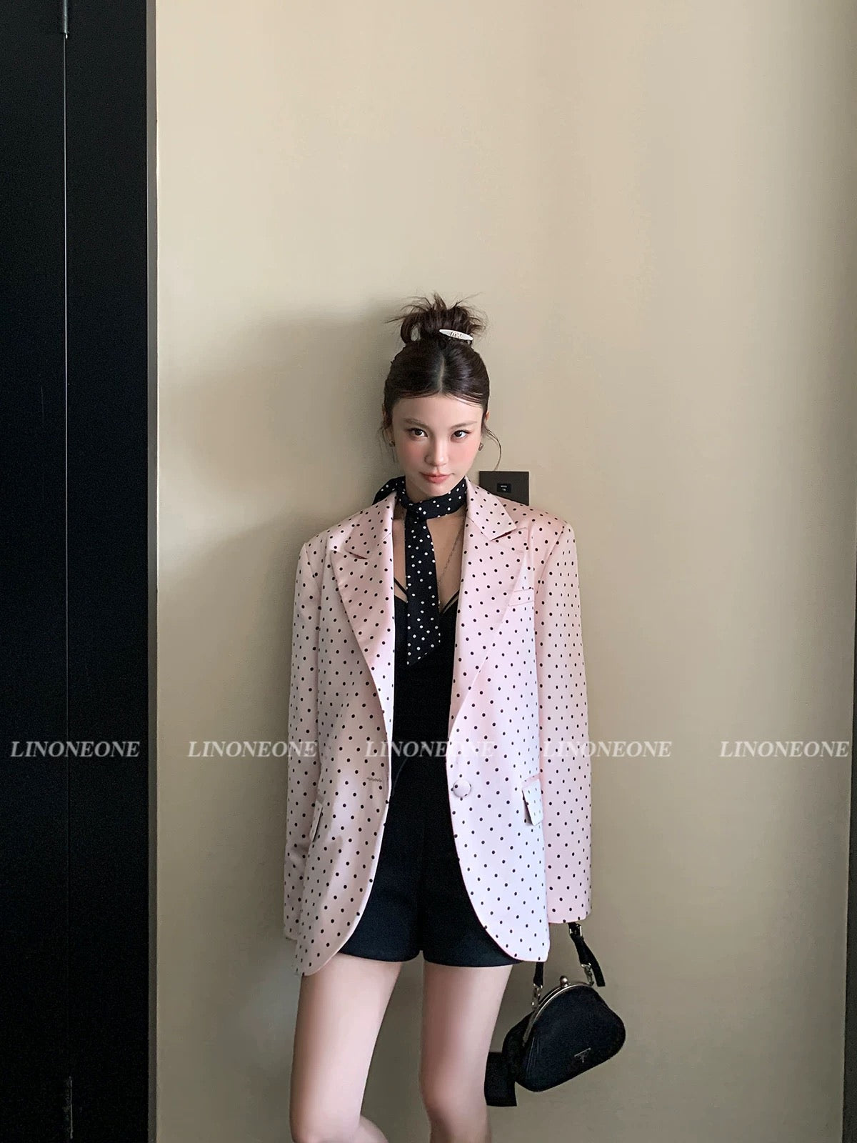 LINONEONE High-end Qianjin early spring pink polka dot suit jacket satin temperament micro-profile loose suit