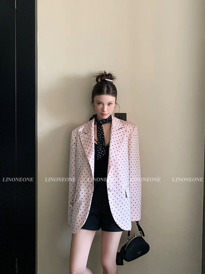 LINONEONE High-end Qianjin early spring pink polka dot suit jacket satin temperament micro-profile loose suit