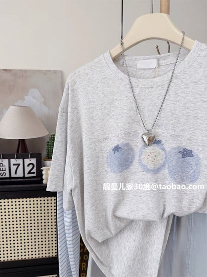 Simple, stylish, and opaque~ Summer striped patchwork sleeve faux two-piece top, blueberry loose plus size long-sleeved T-shirt, sun protection shirt