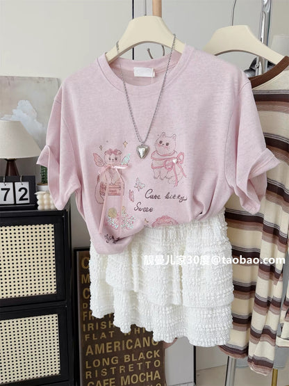 Sweet Korean style ~ Summer linen cotton loose-fitting kitten print top, casual, youthful and cute short-sleeved T-shirt in purple-pink.