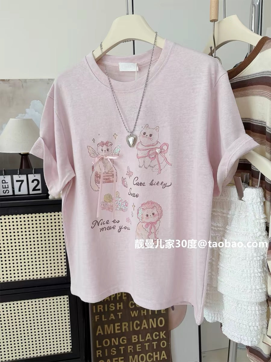 Sweet Korean style ~ Summer linen cotton loose-fitting kitten print top, casual, youthful and cute short-sleeved T-shirt in purple-pink.