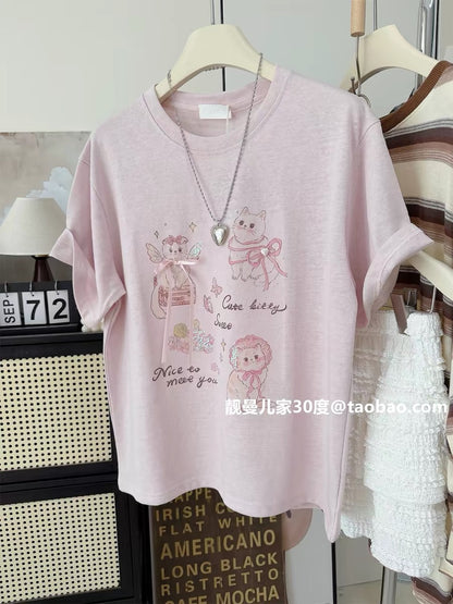 Sweet Korean style ~ Summer linen cotton loose-fitting kitten print top, casual, youthful and cute short-sleeved T-shirt in purple-pink.