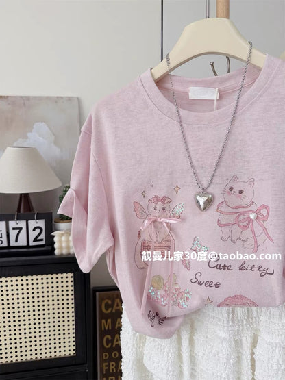Sweet Korean style ~ Summer linen cotton loose-fitting kitten print top, casual, youthful and cute short-sleeved T-shirt in purple-pink.
