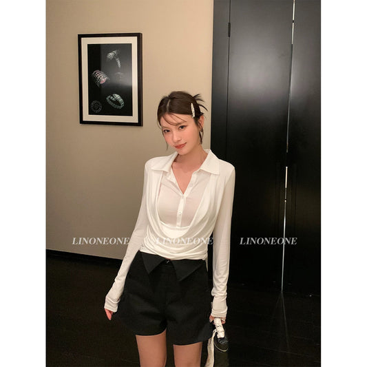 LINONEONE lazy Korean spring style slim design fake two-piece polo collar stretch long-sleeved T-shirt