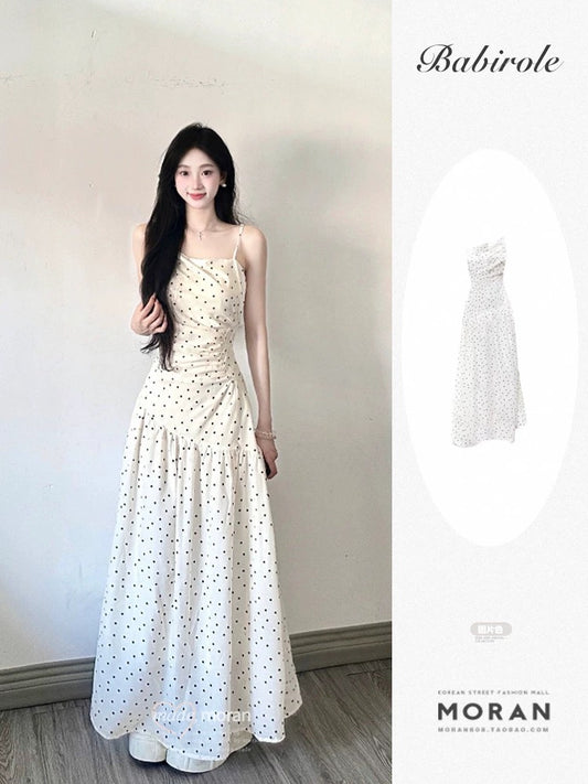 French holiday white polka dot suspender dress for women with waist-hugging gentle design high-end long skirt beautiful in summer