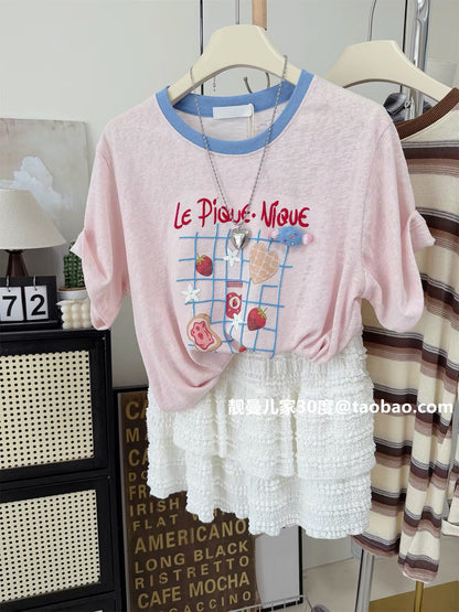 Sweet style ~ Strawberry foam letter print embroidered short-sleeved T-shirt, loose fit, versatile, slimming, niche design women's top