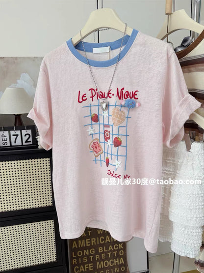 Sweet style ~ Strawberry foam letter print embroidered short-sleeved T-shirt, loose fit, versatile, slimming, niche design women's top