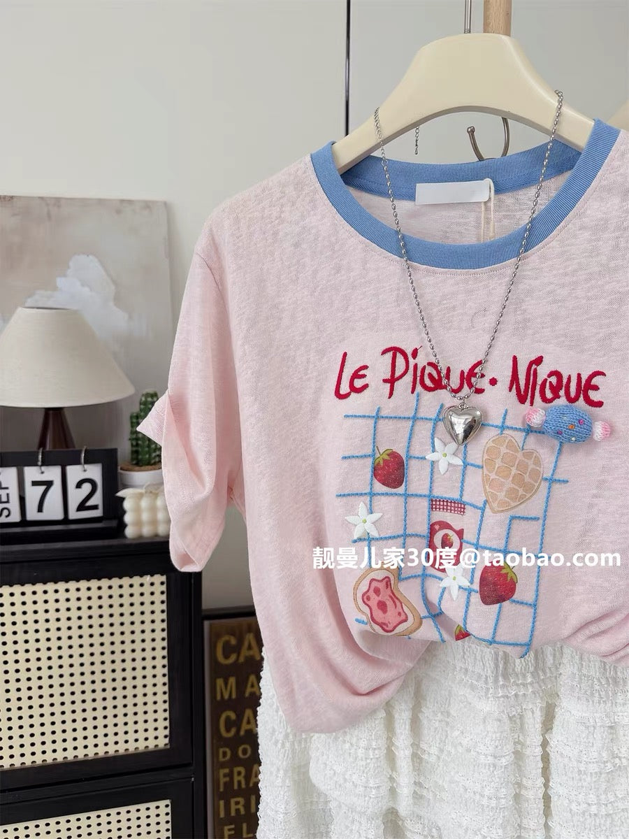 Sweet style ~ Strawberry foam letter print embroidered short-sleeved T-shirt, loose fit, versatile, slimming, niche design women's top