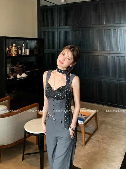 LINONEONE miu miu fake two-piece polka dot stitching camisole vest high gray trousers suit