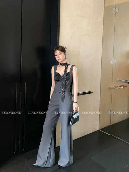 LINONEONE miu miu fake two-piece polka dot stitching camisole vest high gray trousers suit