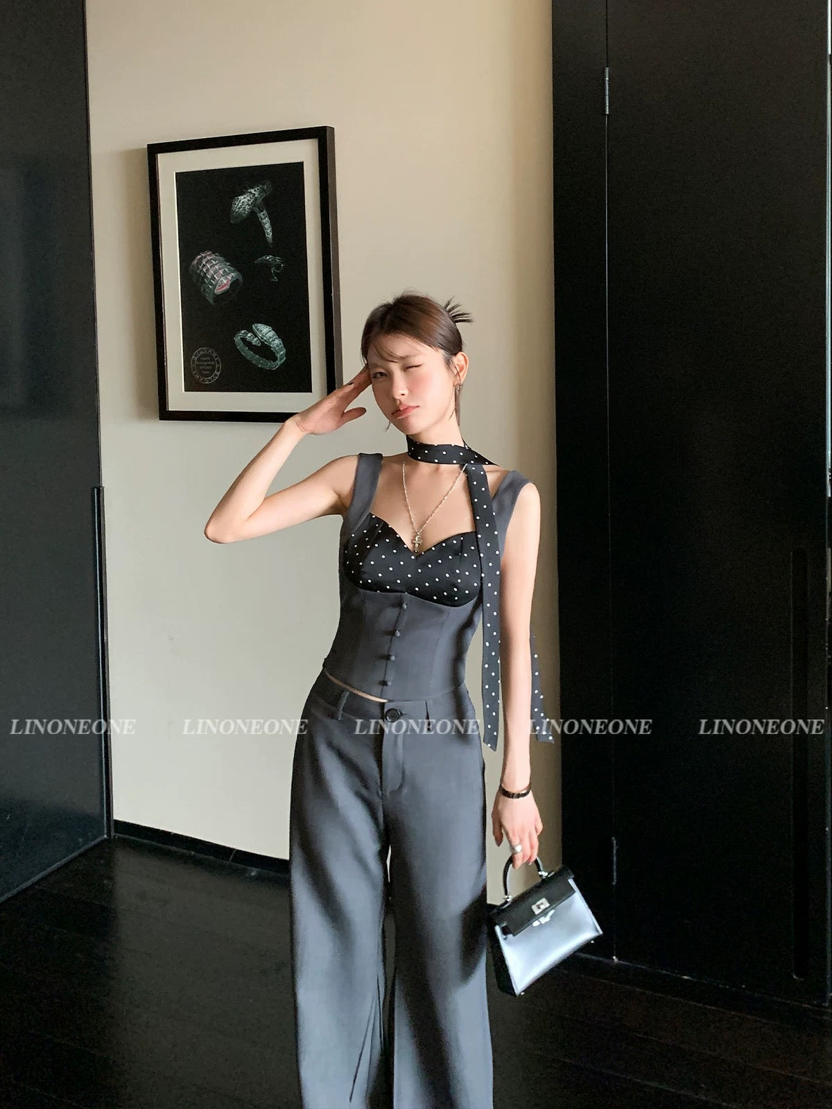 LINONEONE miu miu fake two-piece polka dot stitching camisole vest high gray trousers suit