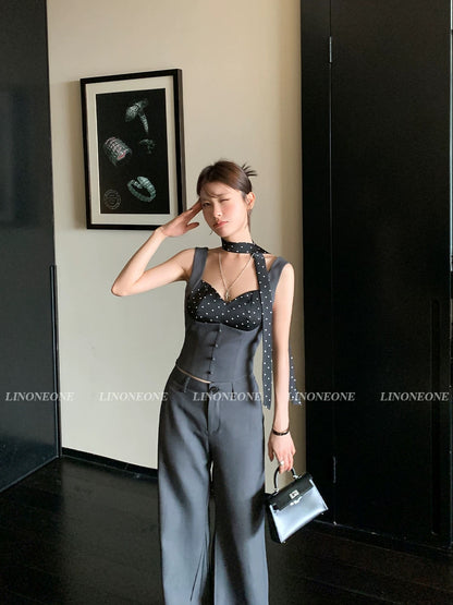 LINONEONE miu miu fake two-piece polka dot stitching camisole vest high gray trousers suit