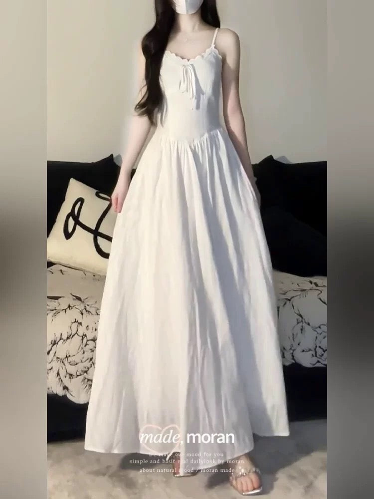 French style white suspender dress for women 2025 summer new style wear temperament waist seaside holiday style long dress