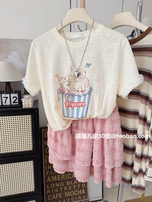 Sweet and cute style ~ Popcorn print lace trim short-sleeved T-shirt for women, loose fit, youthful and casual summer top