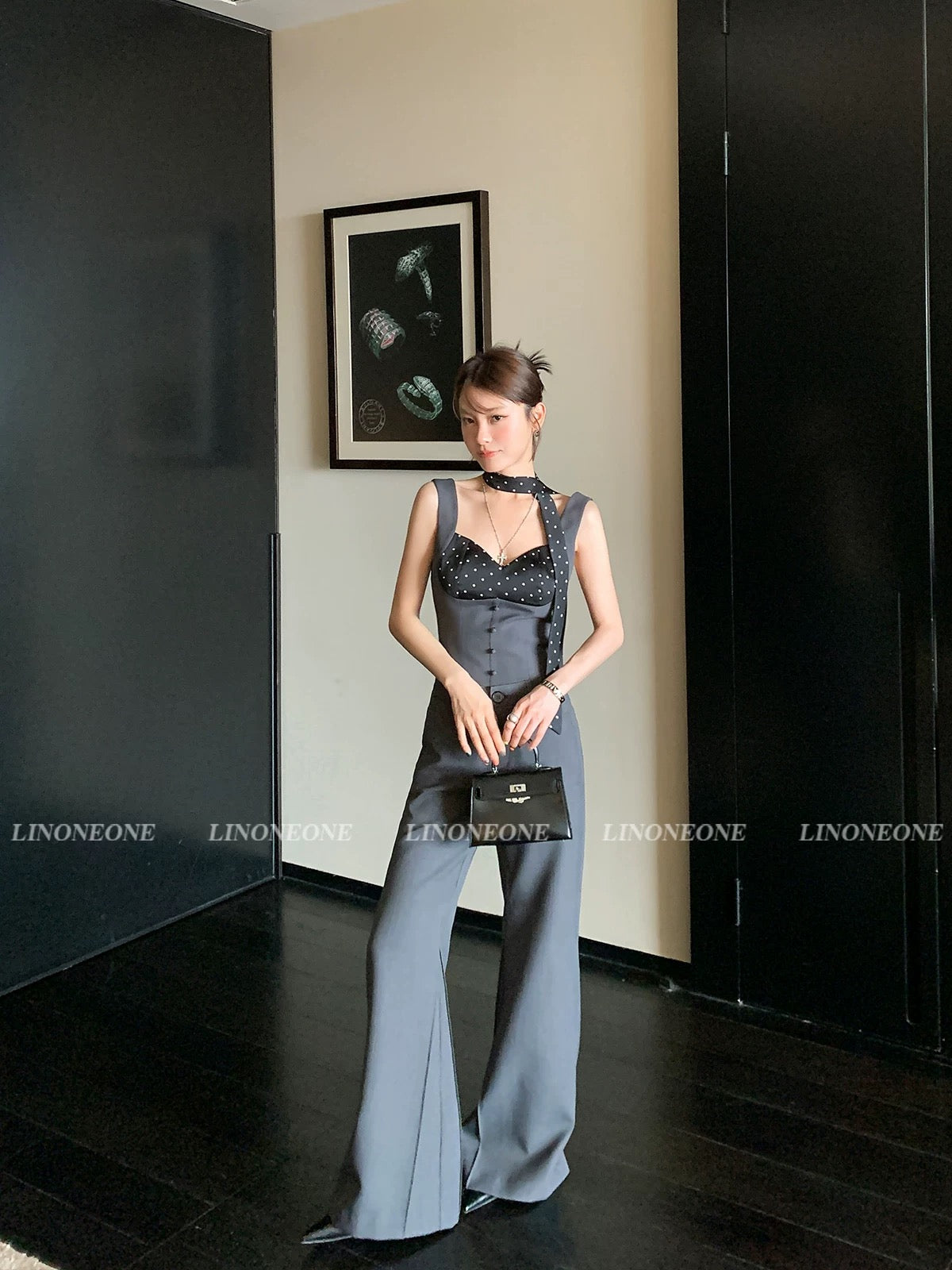 LINONEONE miu miu fake two-piece polka dot stitching camisole vest high gray trousers suit