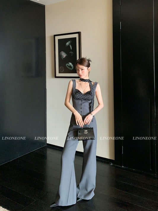 LINONEONE miu miu fake two-piece polka dot stitching camisole vest high gray trousers suit