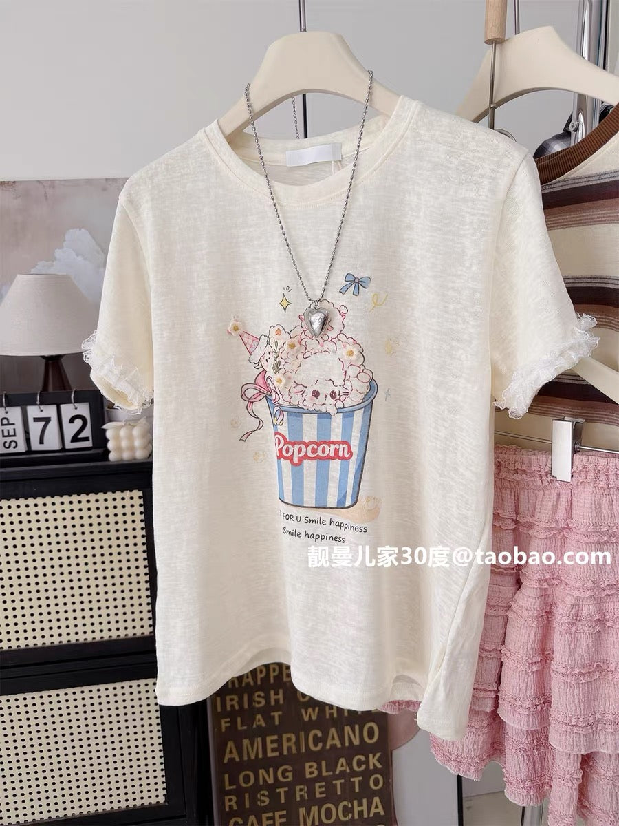 Sweet and cute style ~ Popcorn print lace trim short-sleeved T-shirt for women, loose fit, youthful and casual summer top