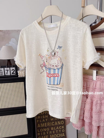Sweet and cute style ~ Popcorn print lace trim short-sleeved T-shirt for women, loose fit, youthful and casual summer top