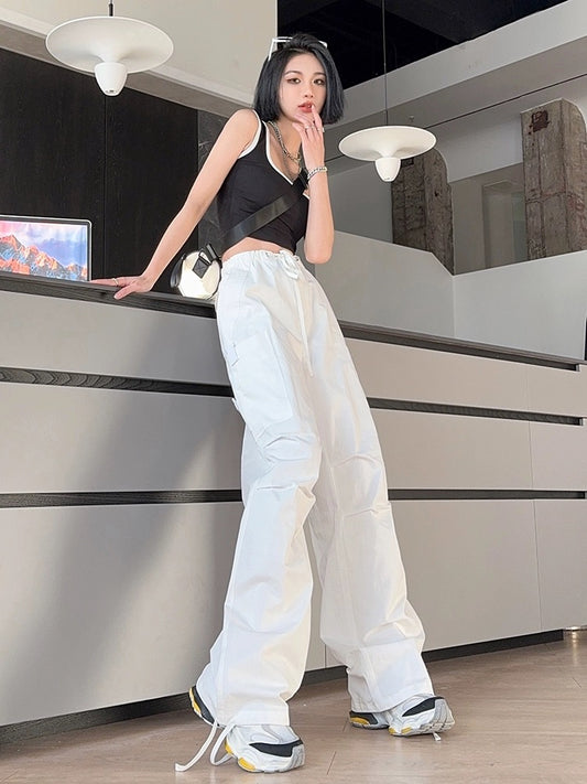 Light fabric tone tall trousers spring and summer American street white overalls women's washed cotton drawstring casual pants