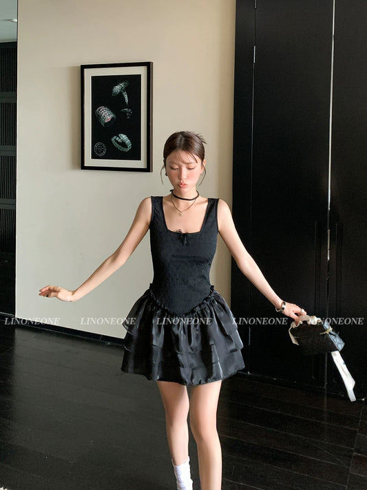 LINONEONE Qianjin black backless bow puffy dress female slim waist sleeveless short skirt