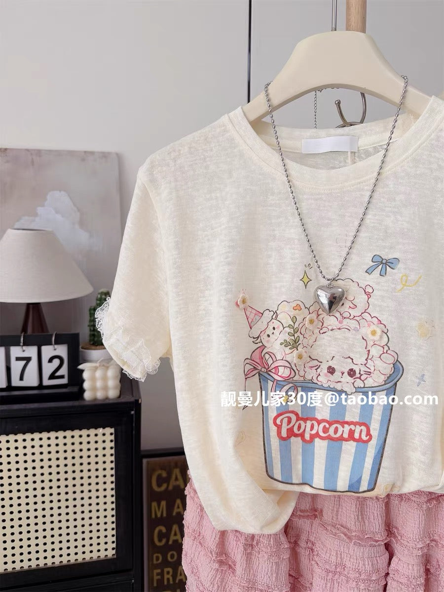 Sweet and cute style ~ Popcorn print lace trim short-sleeved T-shirt for women, loose fit, youthful and casual summer top