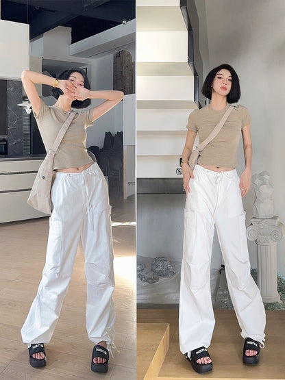 Light fabric tone tall trousers spring and summer American street white overalls women's washed cotton drawstring casual pants