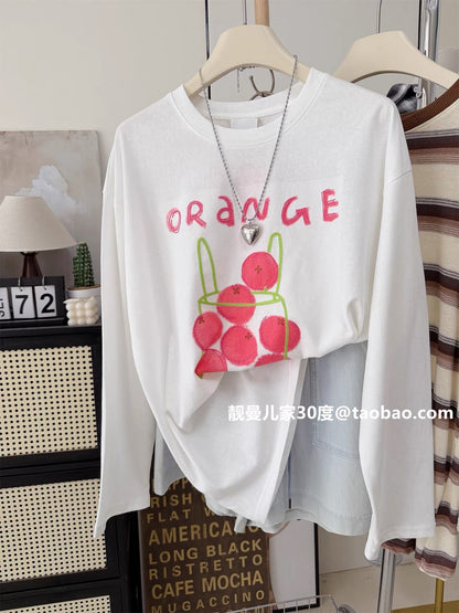 Super cute~ Summer orange print embroidered loose-fitting mid-length long-sleeved sun protection T-shirt for women.