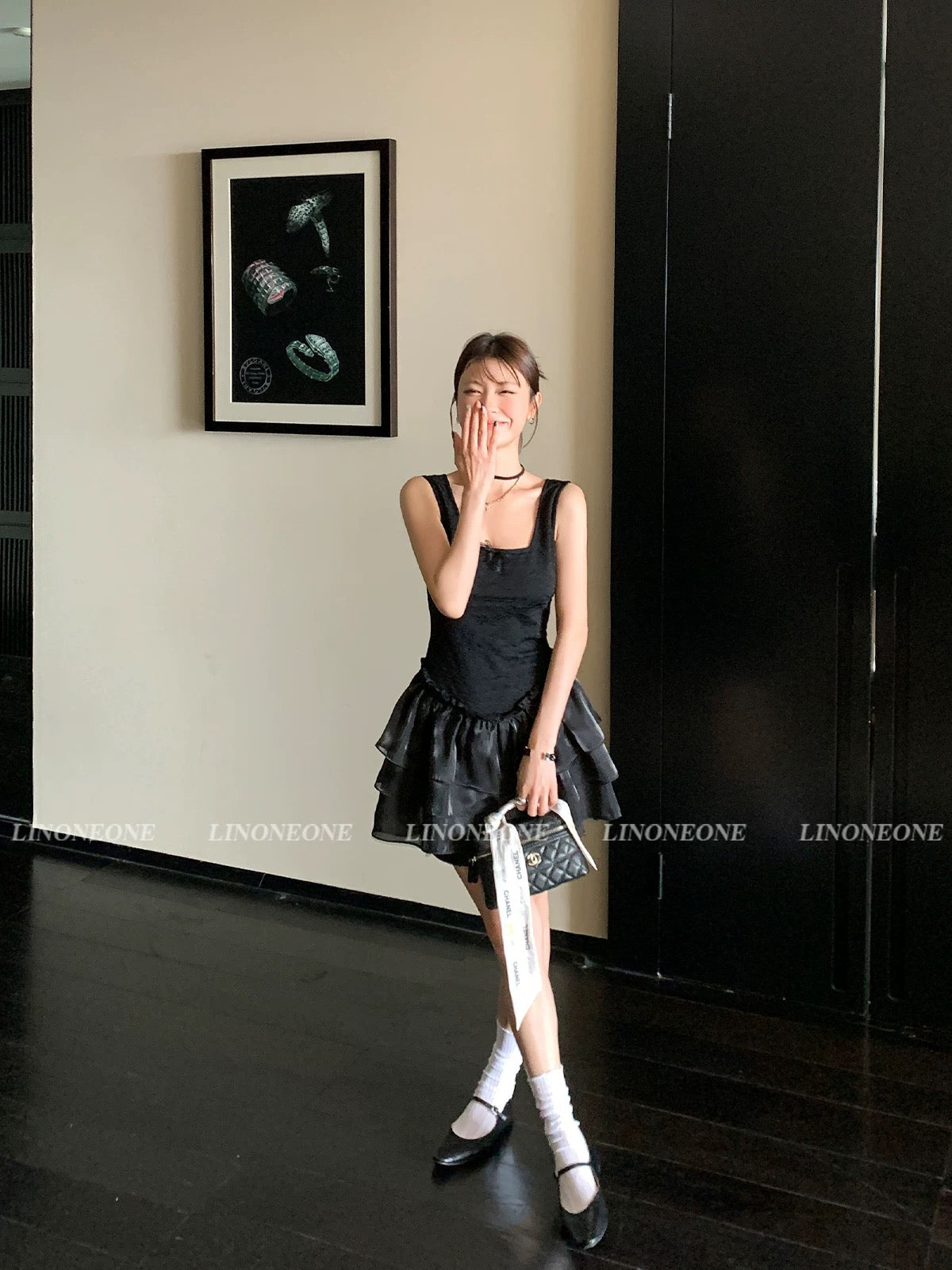 LINONEONE Qianjin black backless bow puffy dress female slim waist sleeveless short skirt