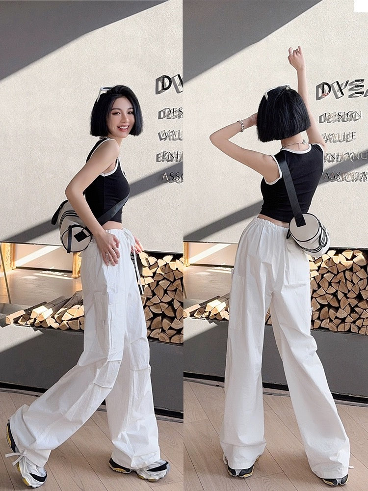 Light fabric tone tall trousers spring and summer American street white overalls women's washed cotton drawstring casual pants