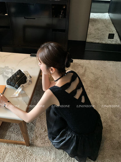 LINONEONE Qianjin black backless bow puffy dress female slim waist sleeveless short skirt