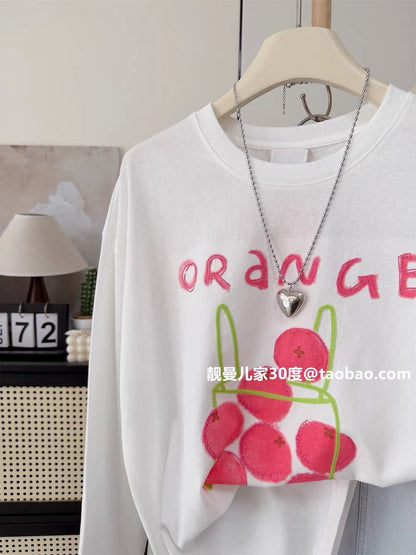 Super cute~ Summer orange print embroidered loose-fitting mid-length long-sleeved sun protection T-shirt for women.