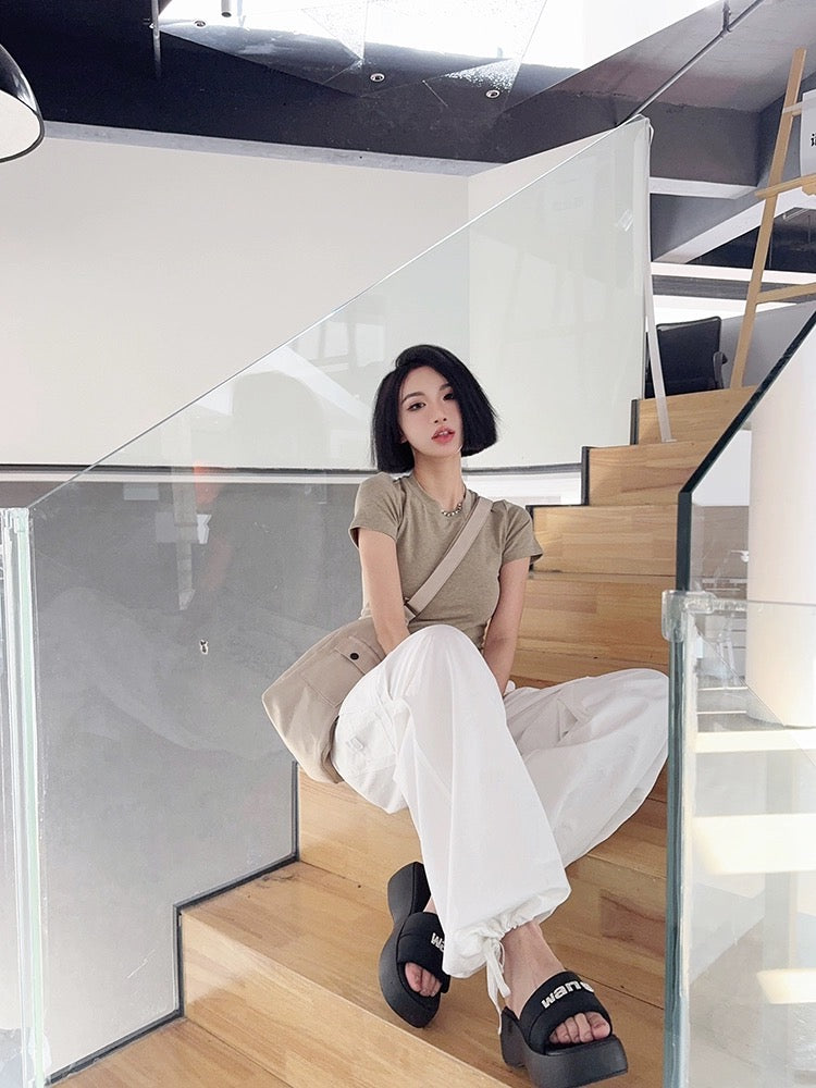 Light fabric tone tall trousers spring and summer American street white overalls women's washed cotton drawstring casual pants