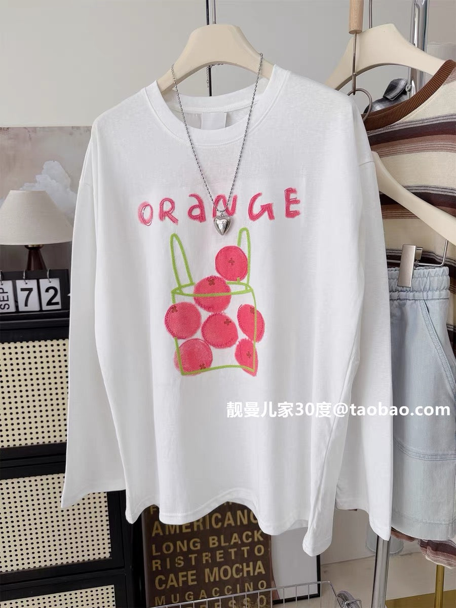 Super cute~ Summer orange print embroidered loose-fitting mid-length long-sleeved sun protection T-shirt for women.