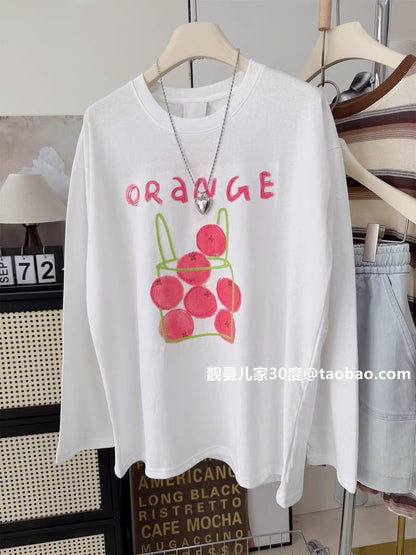 Super cute~ Summer orange print embroidered loose-fitting mid-length long-sleeved sun protection T-shirt for women.