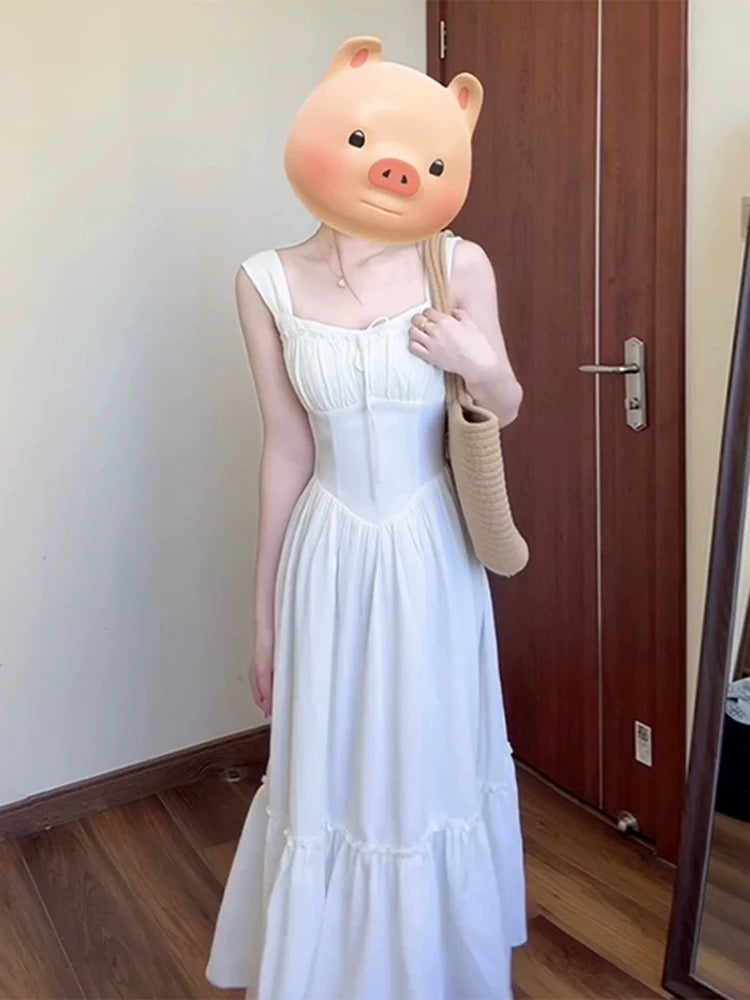 French pure waist white sling long skirt with big swing summer vacation travel beautiful unique dress for petite