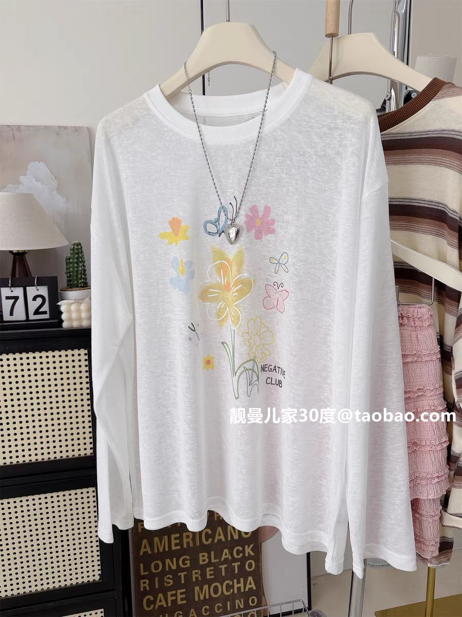 Lyocell Tencel Summer Super Thin Cool Fit Loose Oversized Floral Print Long Sleeve Sun Protection T-Shirt