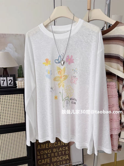 Lyocell Tencel Summer Super Thin Cool Fit Loose Oversized Floral Print Long Sleeve Sun Protection T-Shirt