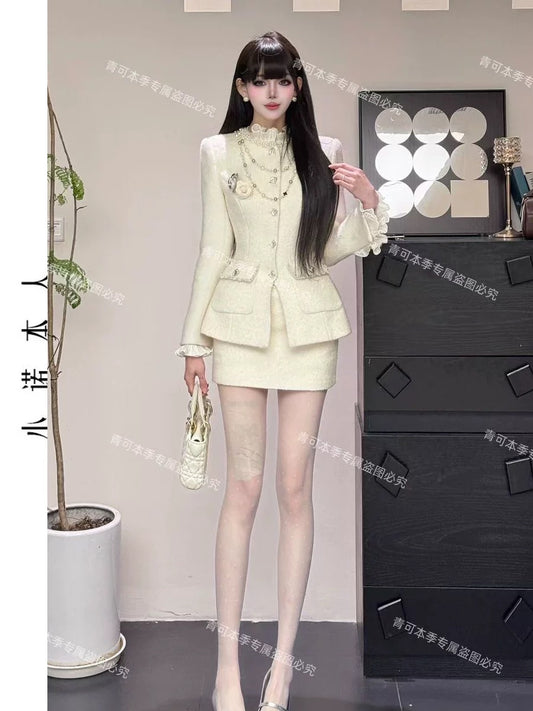 Xiao Nuo's own rich-looking light luxury suit with waist-slimming and elegant style, Xiaoxiang style jacket with high waist and hip skirt 241252
