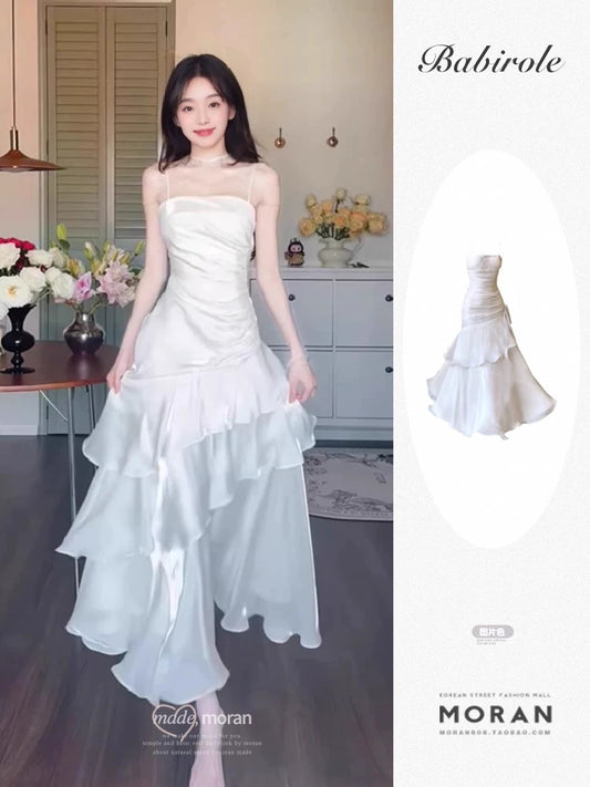French high-grade satin white ruffled suspender dress summer certificate seaside holiday long dress small dress