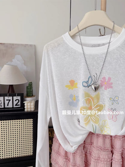 Lyocell Tencel Summer Super Thin Cool Fit Loose Oversized Floral Print Long Sleeve Sun Protection T-Shirt