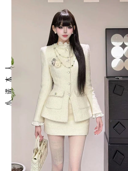 Xiao Nuo's own rich-looking light luxury suit with waist-slimming and elegant style, Xiaoxiang style jacket with high waist and hip skirt 241252