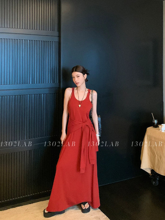 1302LABchill Korean style breathable rust red waist lazy skirt female belly-covering sleeveless dress