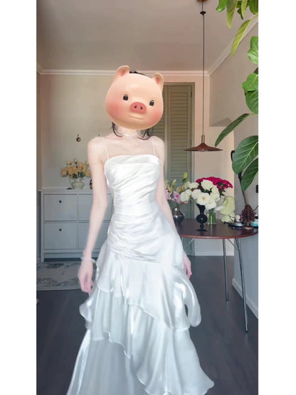 French high-grade satin white ruffled suspender dress summer certificate seaside holiday long dress small dress
