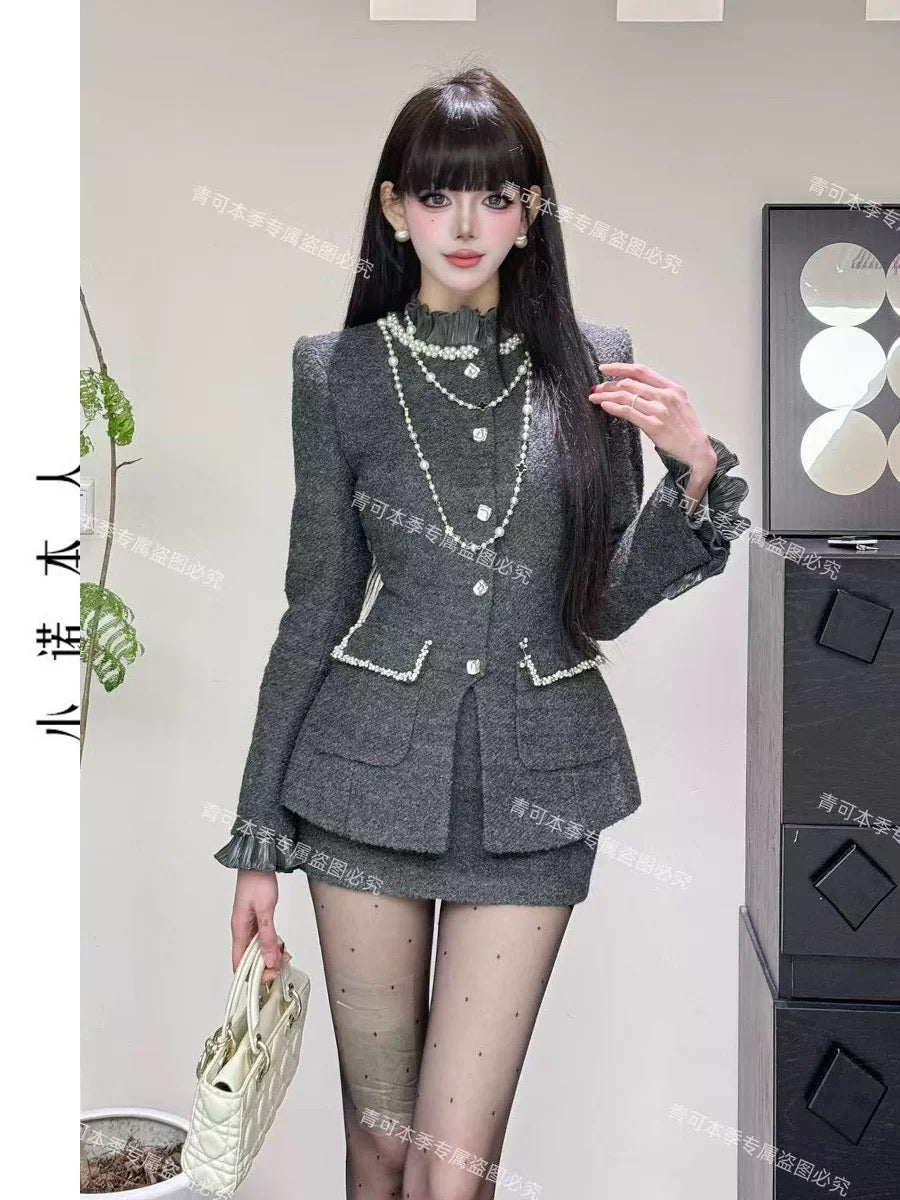 Xiao Nuo's own rich-looking light luxury suit with waist-slimming and elegant style, Xiaoxiang style jacket with high waist and hip skirt 241252