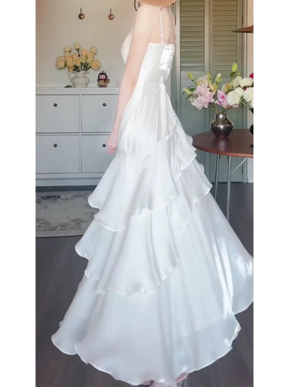 French high-grade satin white ruffled suspender dress summer certificate seaside holiday long dress small dress