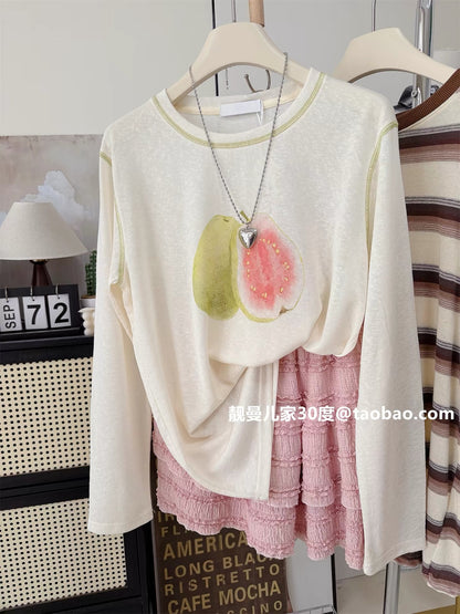 Guava is here! Korean style sweet and cute fruit print long-sleeved T-shirt for women, Lyocell Tencel sun protection loose top